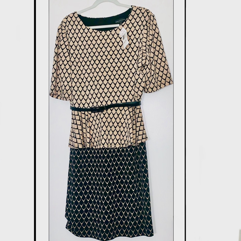 Elegant Connected Apparel Geometric Beige & Black Midi Sheath Dress NWT MSRP $70